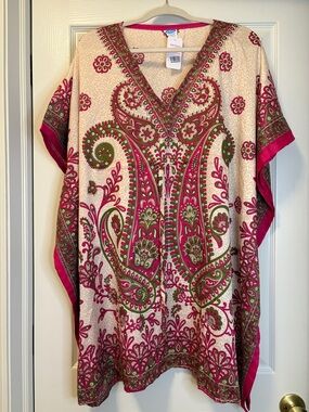 Beige Caftan Tunic with Pink & Olive Floral Print